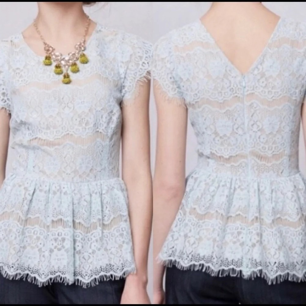 Maeve Anthropologie Katrine Womens L Sage Lace Peplum Top Sheer Coquette